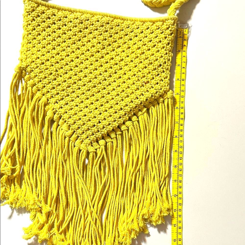Crochet Fringe Purse Mustard Yellow Snap Crossbody Bag Boho Hippie GUC
